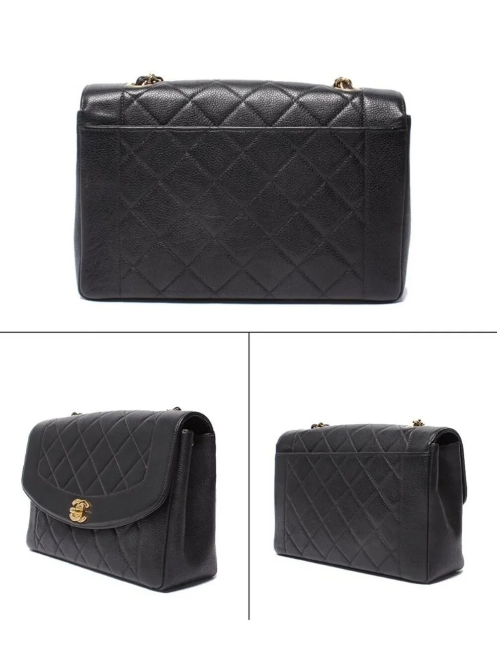 Chanel Chain Shoulder Bag Gold Diana Flap Quilted Caviar Leather